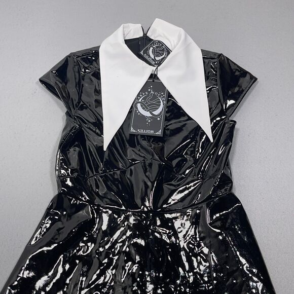 KILLSTAR Wednesday Witch Black Gloss Dress S‎ Dagger Collar Keyhole Gothic NWT - Picture 2 of 16